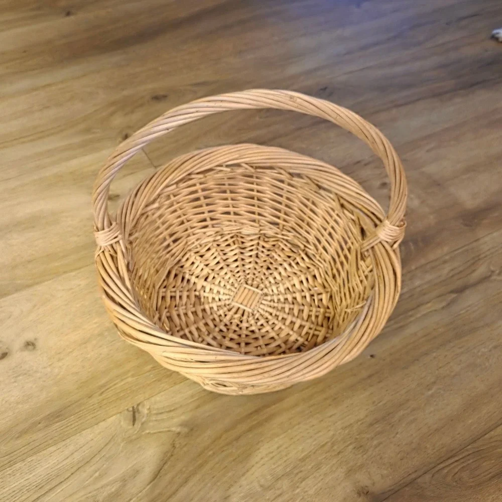 Natural Wicker Round Harvest‎ Basket Handle Rustic Farmhouse Handwoven Vintage